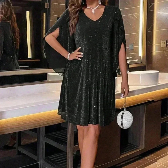 Black Party Women's Cloak Sleeve Glitter Dress